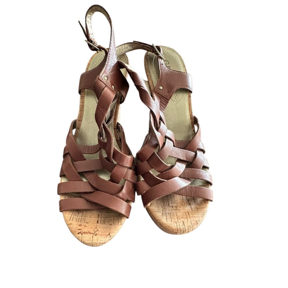 Guess Womens Brown Leather Woven Cork Wedge Sandals Size 8M